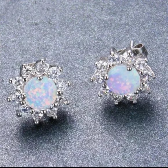 Sterling Silver Cubic Zirconia Opal Earrings - Picture 1 of 5
